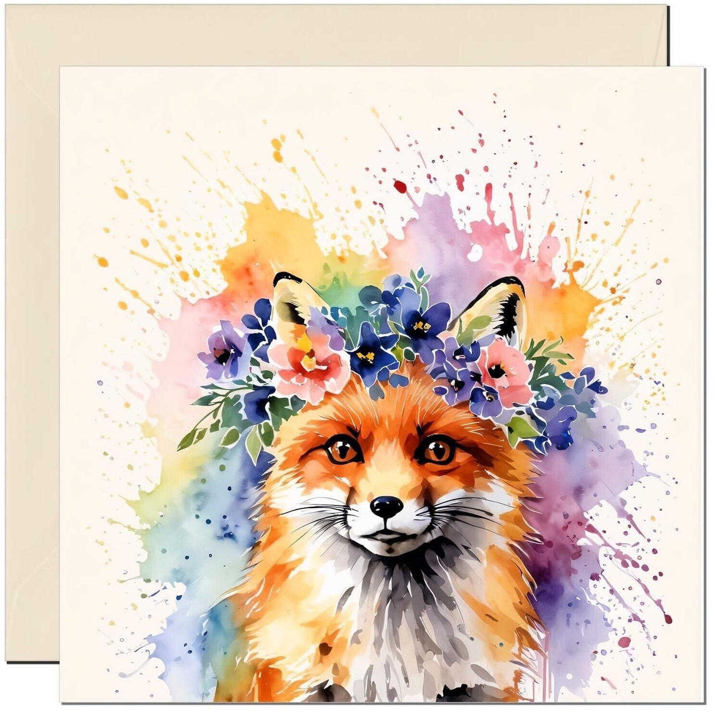 Watercolour Fox Birthday Card - Fox Greeting Card Colour Splash 145 x 145mm