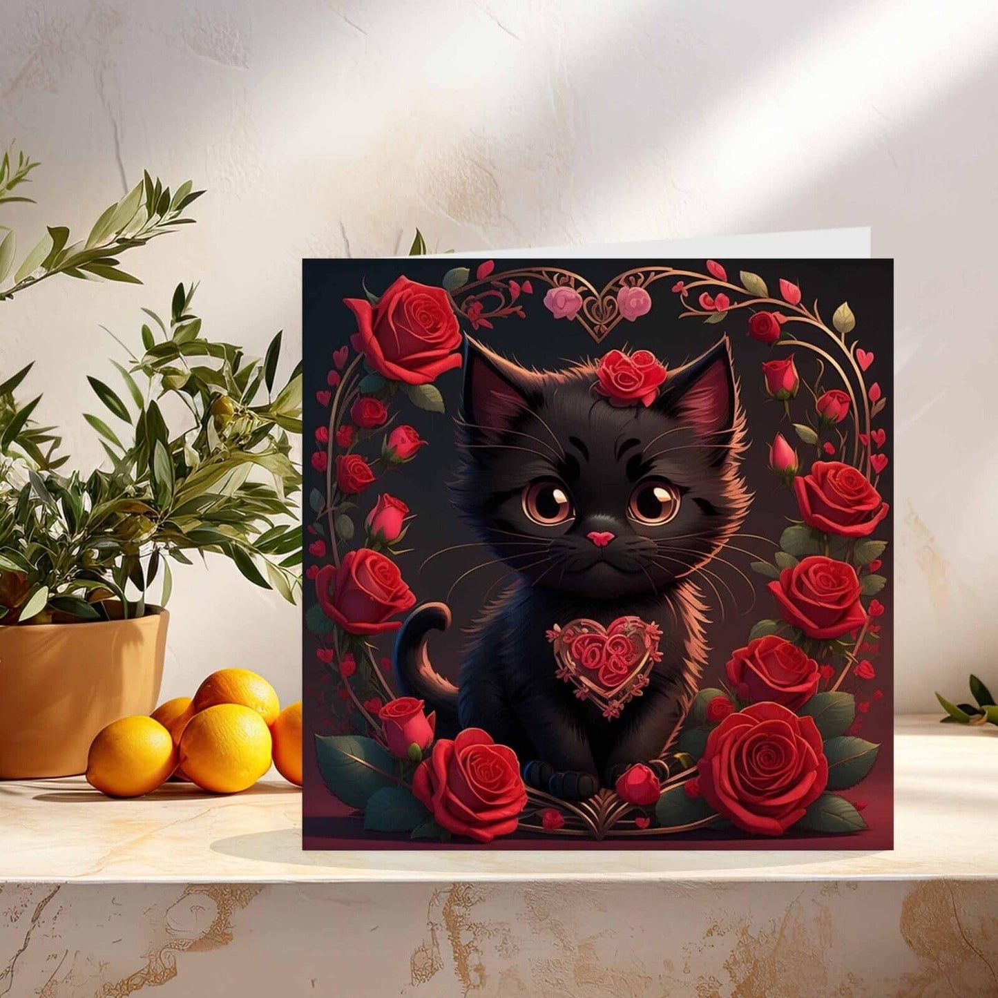 Cute Black Kitten Cat Valentines Day Card Love Anniversary Cat 145mm x 145mm