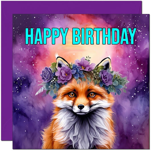 Fox birthday Card - Purple Beautiful Fantasy Fox Card Bday Card 145 x 145mm