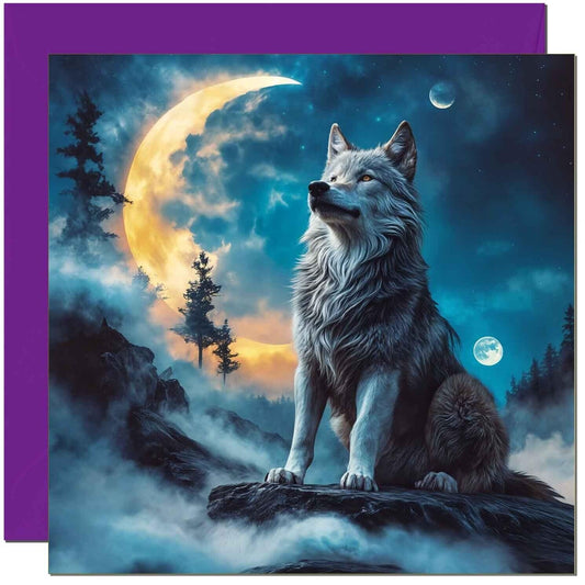Wolf Moon Greeting Card - Stunning Wolf Moon Birthday Card Art 145 x 145mm