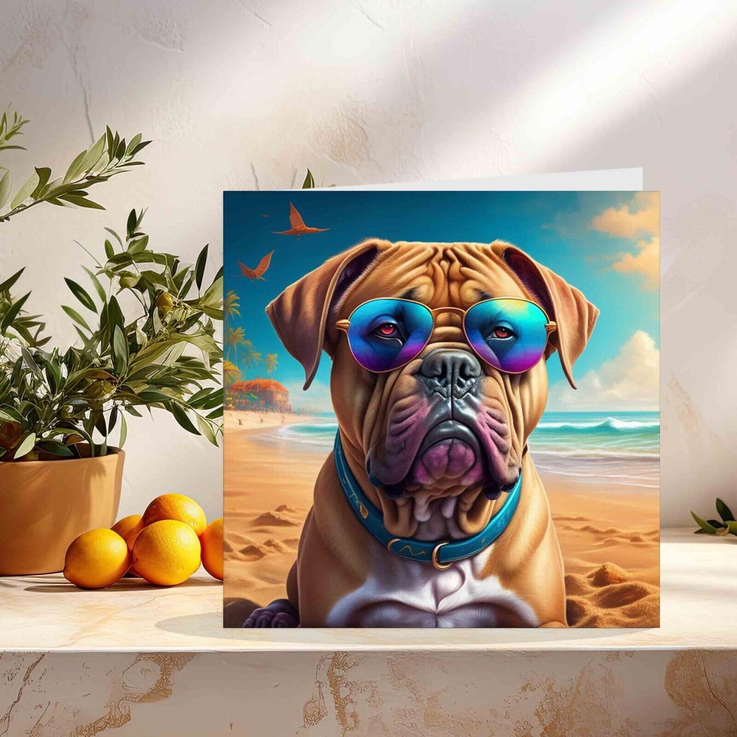 Dogue de Bordeaux Greeting Card - Cute funny dog sunglasses 145mm x 145mm