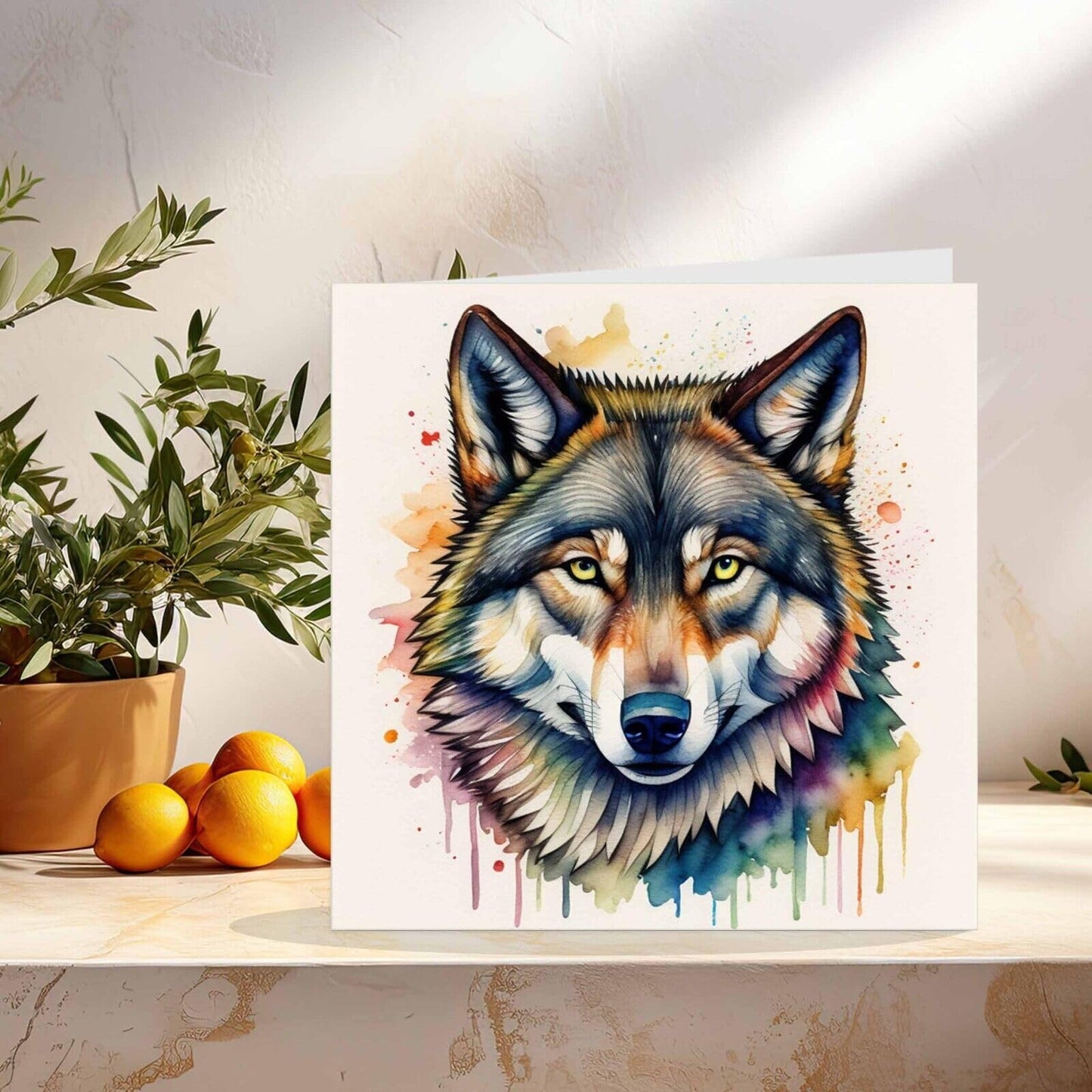 Watercolour Wolf Greeting Card - 145mm x 145mm Square