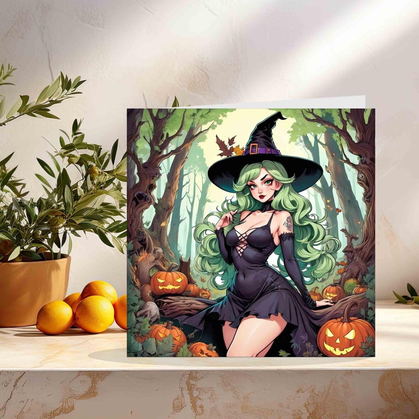 Anime Witch Greeting Card - Forest Woodland Cute Anime Girl Pinup 145mm x 145mm