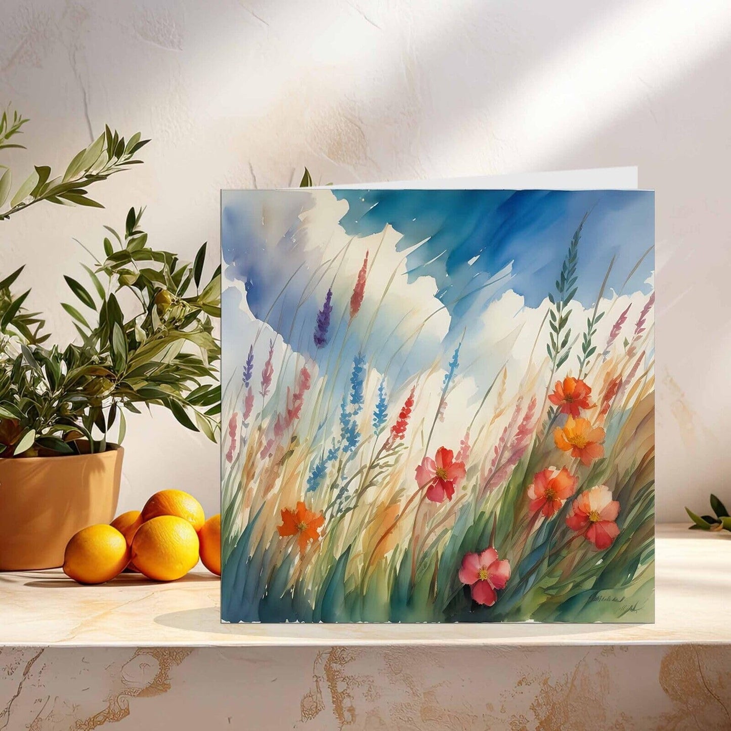 Flowers Sky Grass Beautiful Blank Greeting Birthday Card Art - Any Occasion