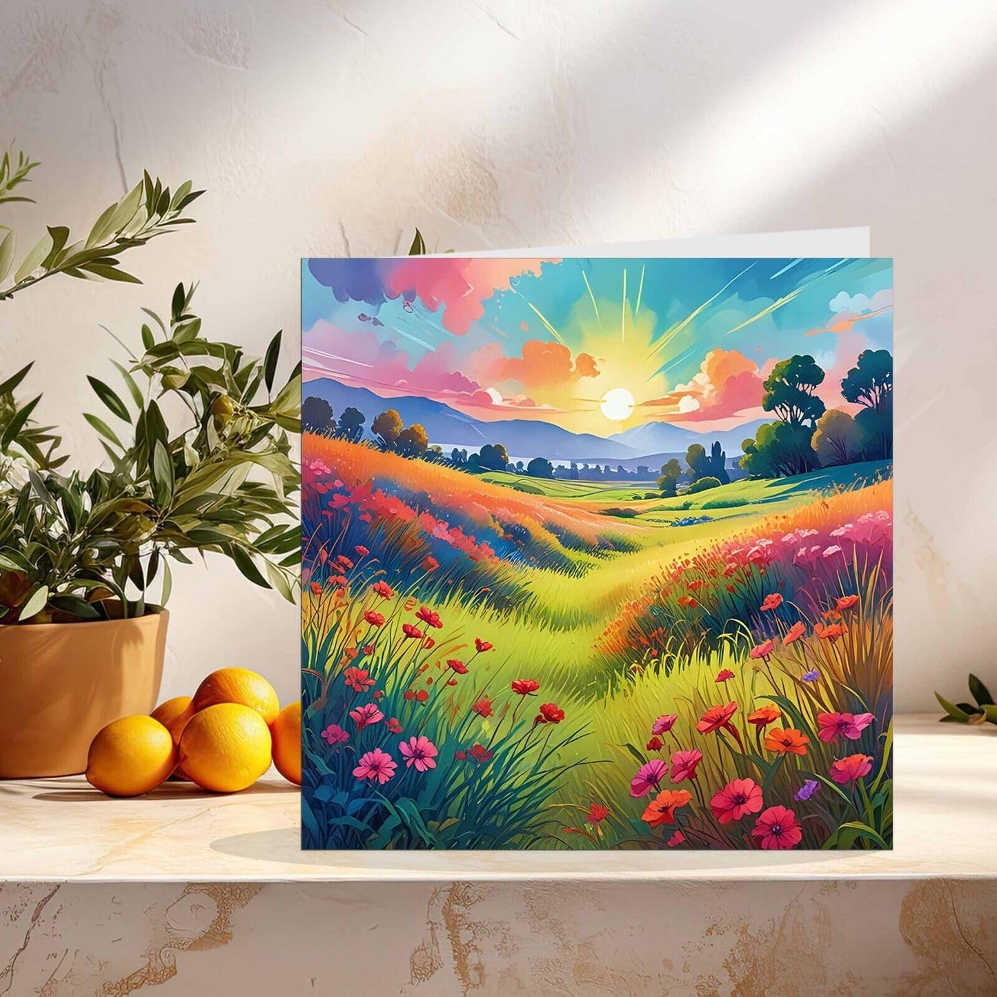 Beautiful Landscape Blank Greeting Birthday Card Art Colourful Flowers Nature