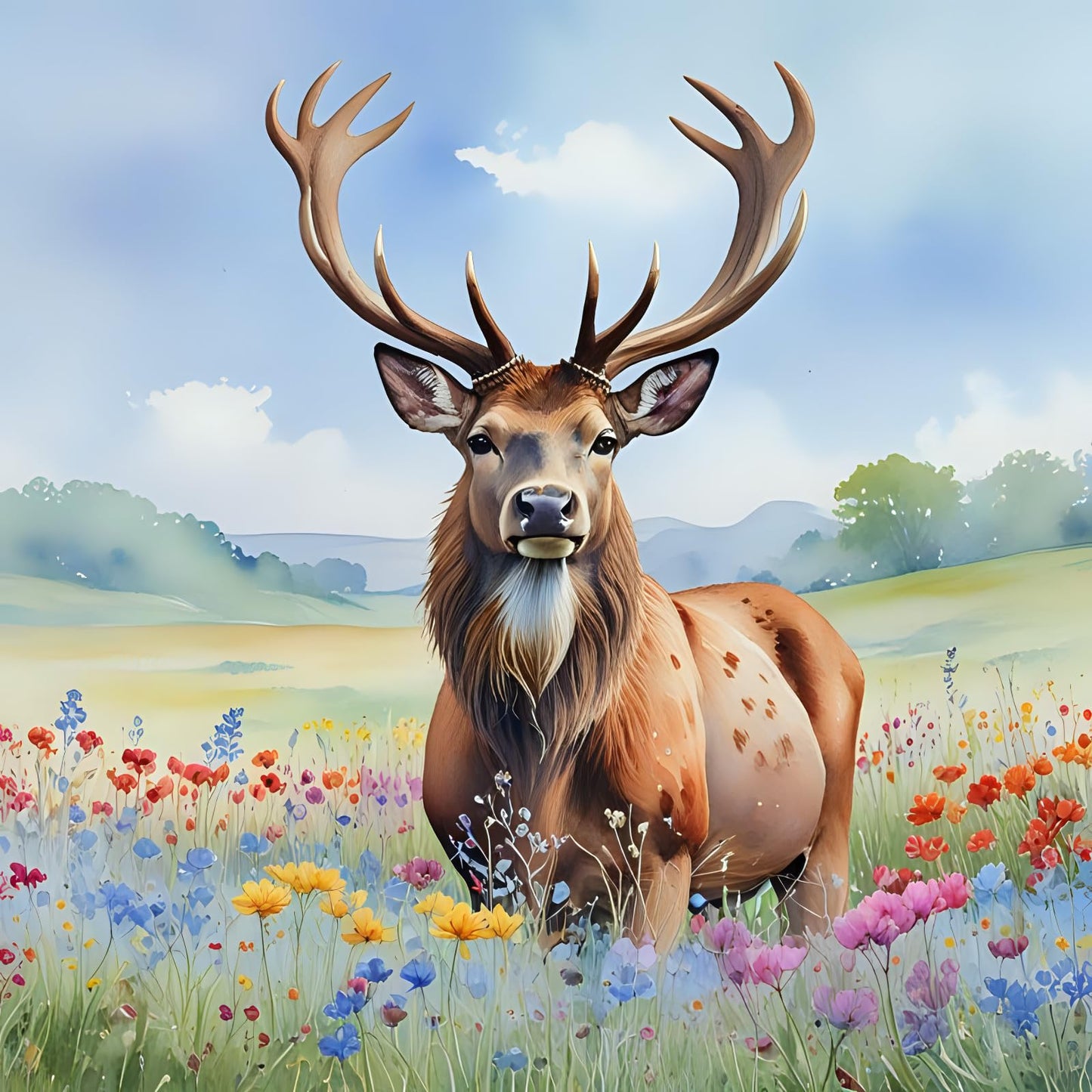 Beautiful Stag Sky Watercolour Flowers Greeting Card - Any Occasion 145 x 145mm