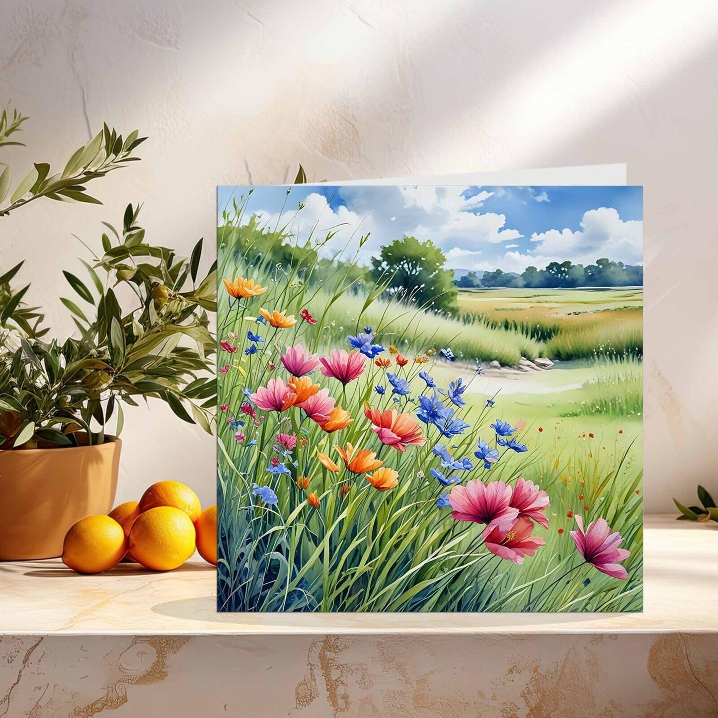 Flowers Sky Grass Beautiful Nature Blank Greeting Birthday Card Art