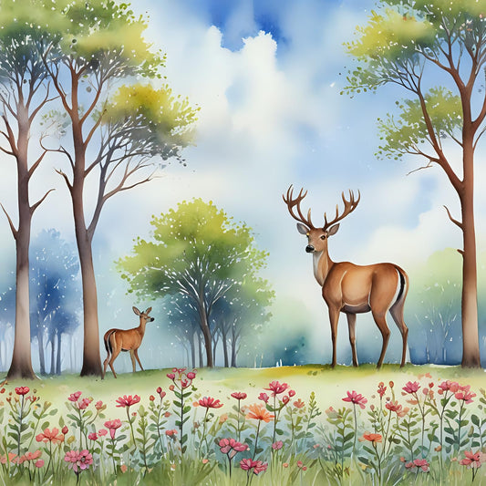 Stag Field Flowers Forest Sky Greeting Card - Any Occasion 145 x 145mm