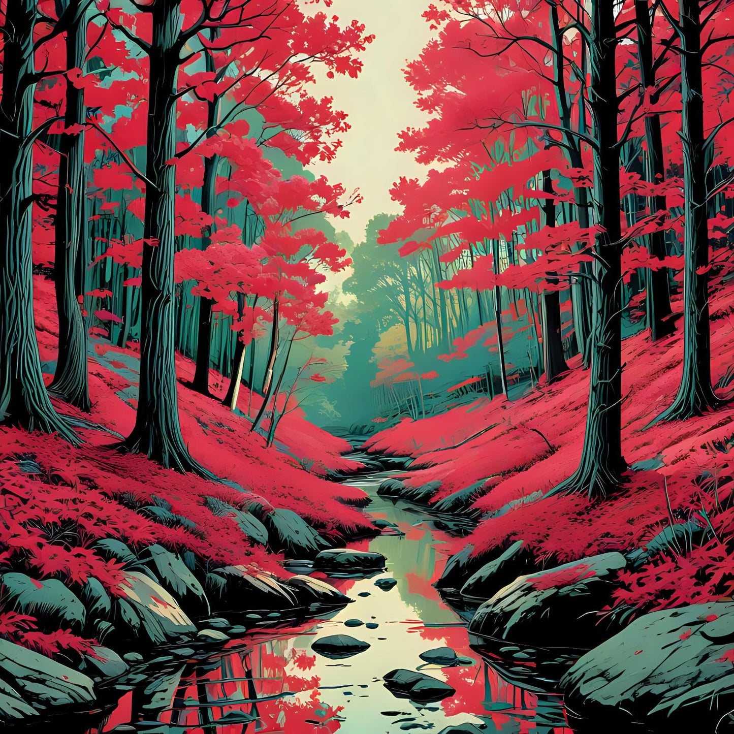 Red Woodland Forest Stream River Nature Greeting Card - Any Occasion 145 x 145mm