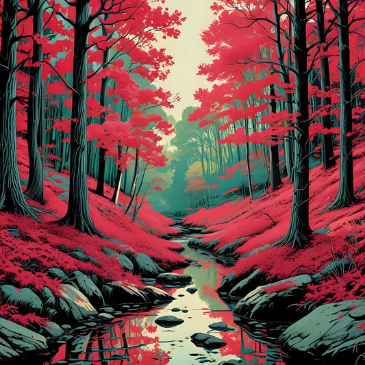 Red Woodland Forest Stream River Nature Greeting Card - Any Occasion 145 x 145mm