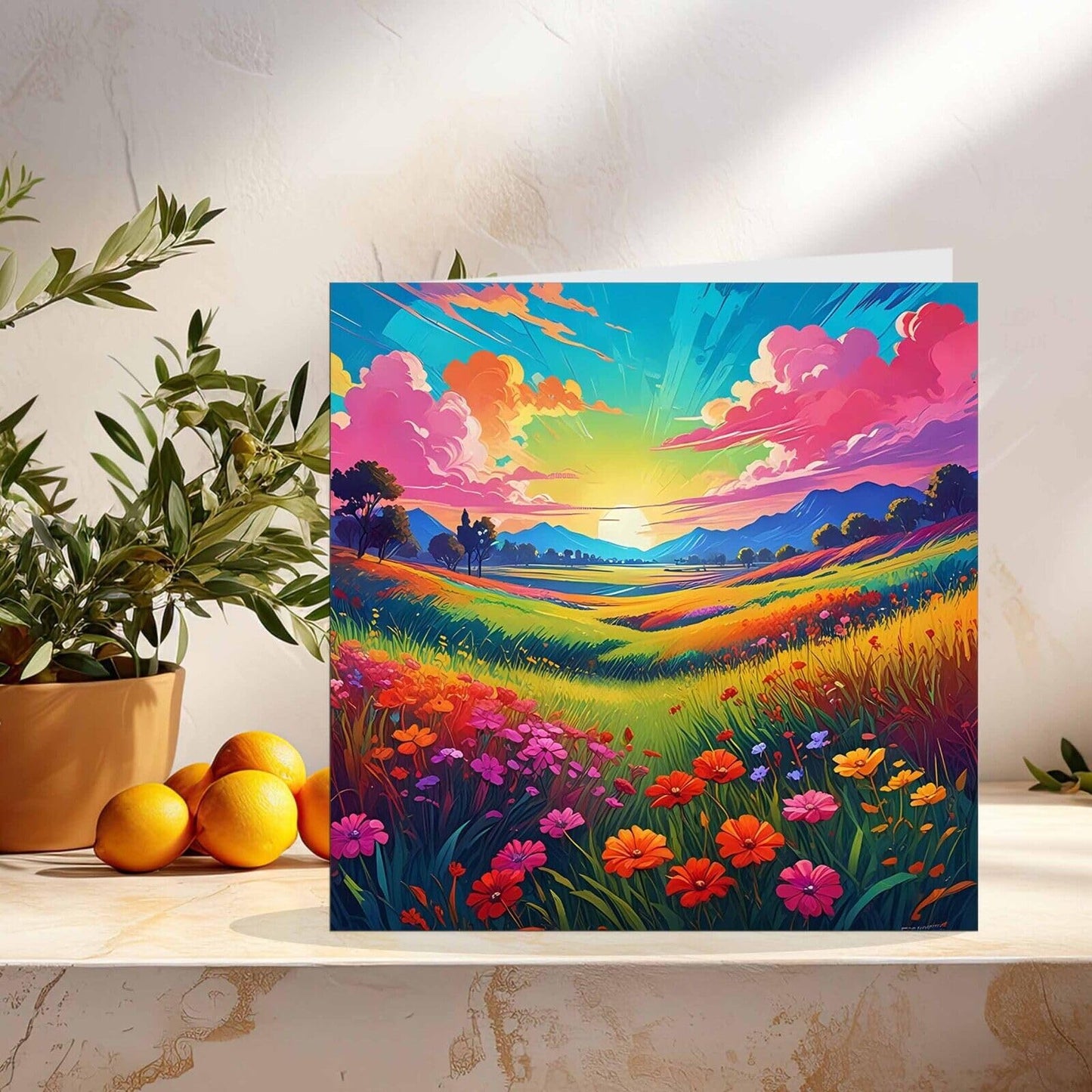 Colourful Flowers Nature Beautiful Blank Greeting Birthday Card Art Sky Grass