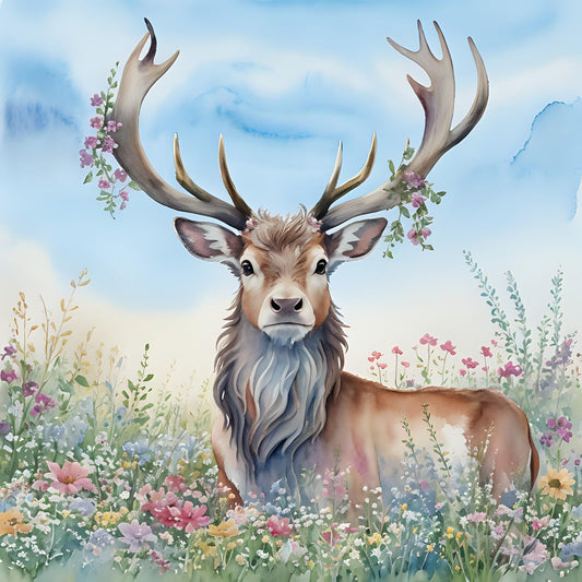 Beautiful Stag Watercolor Sky Flowers Greeting Card - Any Occasion 145 x 145mm