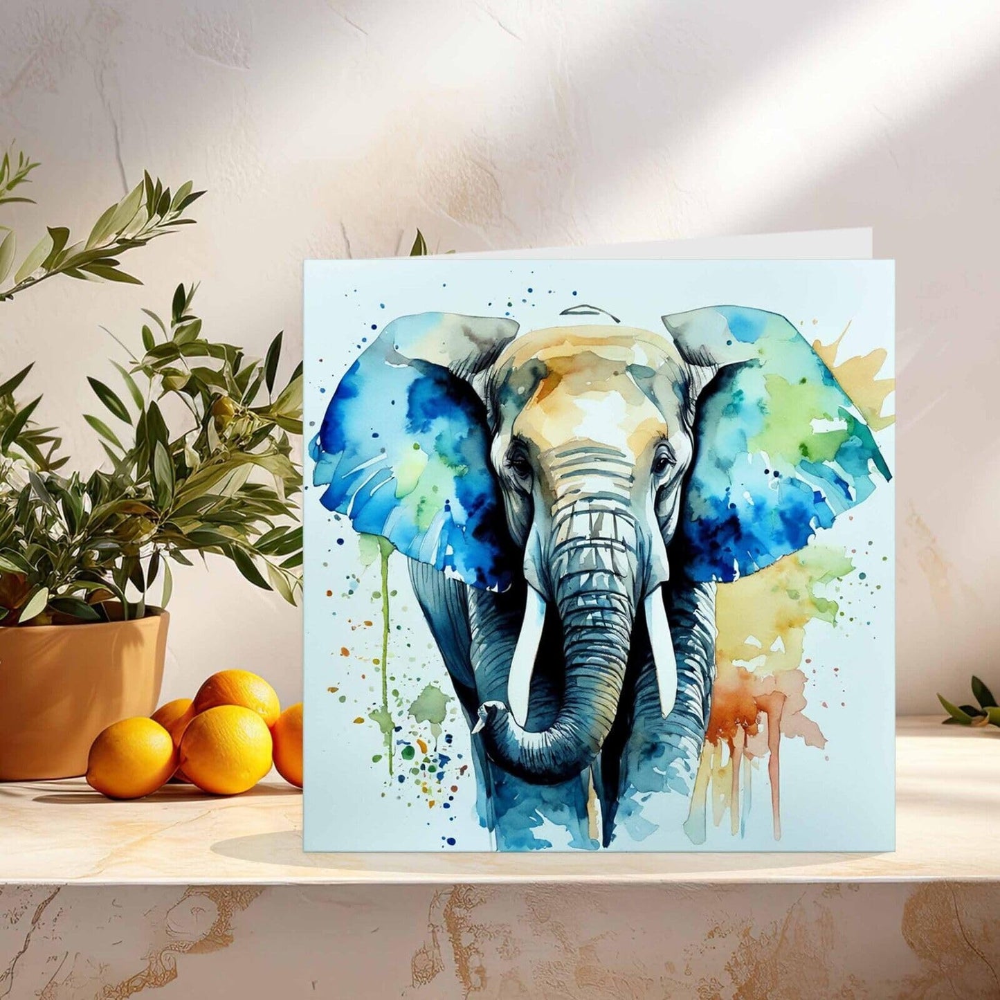 Watercolor Elephant Greeting Card 145mm x 145mm - Blue Square