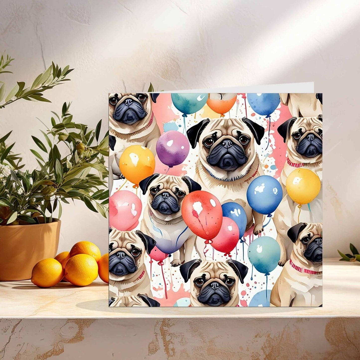 Pug Dog Birthday Card Pug Party Balloons