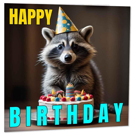 Raccoon Birthday Card - Raccoon Happy Birthday Card & Envelope 145 x 145mm - Purple Fox Gifts
