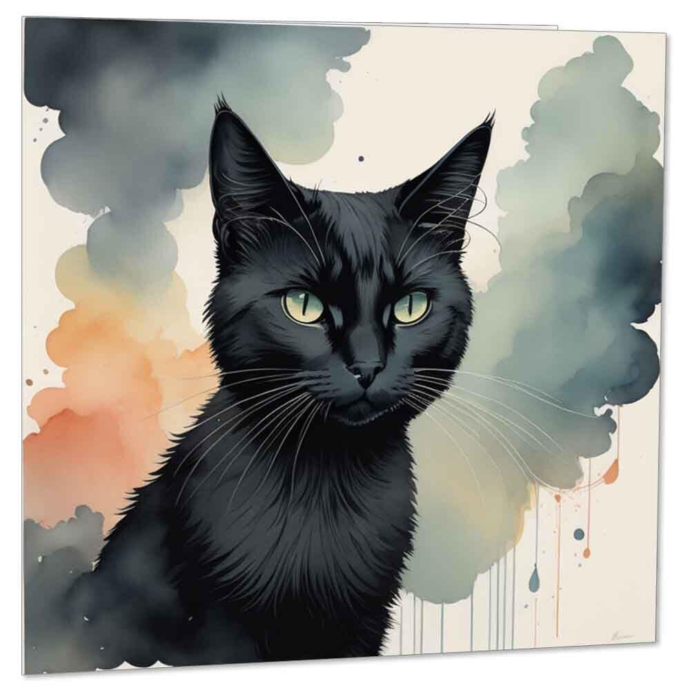 Watercolour Black Cat Greeting Card/Birthday Card 145 x 145mm - Purple Fox Gifts