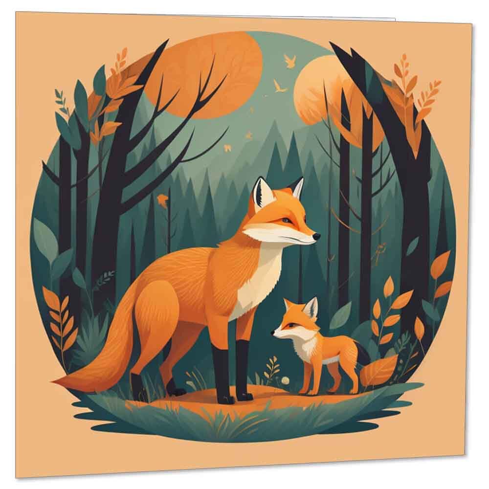 Fox and Cub In the Woods - Greeting Card - Cute Foxes Forest Drawing 145 x 145mm - Purple Fox Gifts