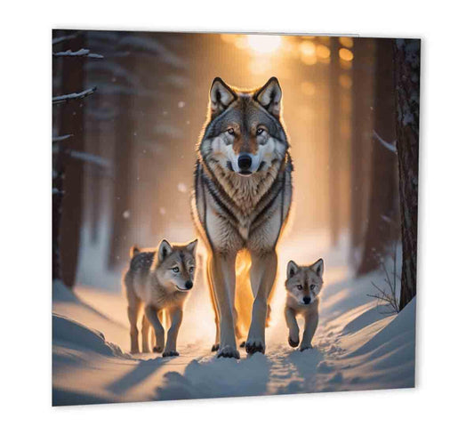 Wolf in Snowy Forest Greeting Card Wolves Cubs Birthday Card 147mm x 147mm - Purple Fox Gifts