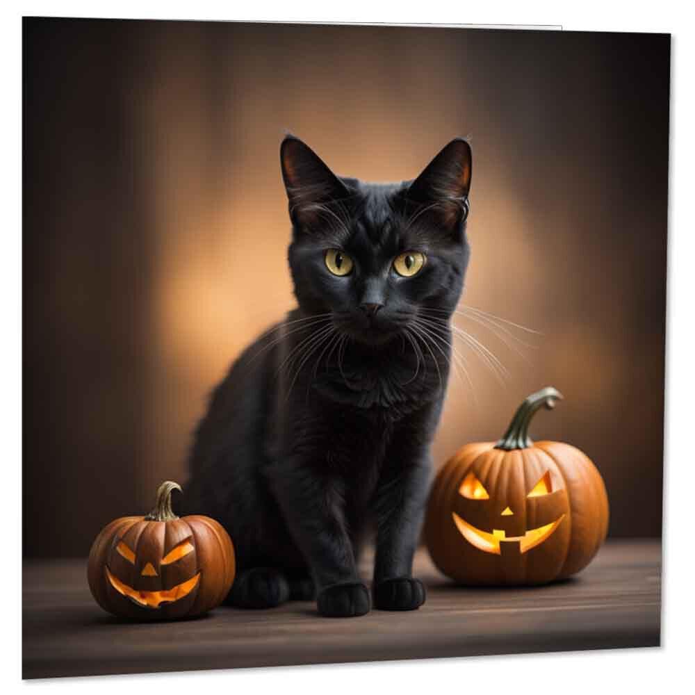 Black Cat With Pumpkins Card Halloween Cards 145 x 145mm - Purple Fox Gifts