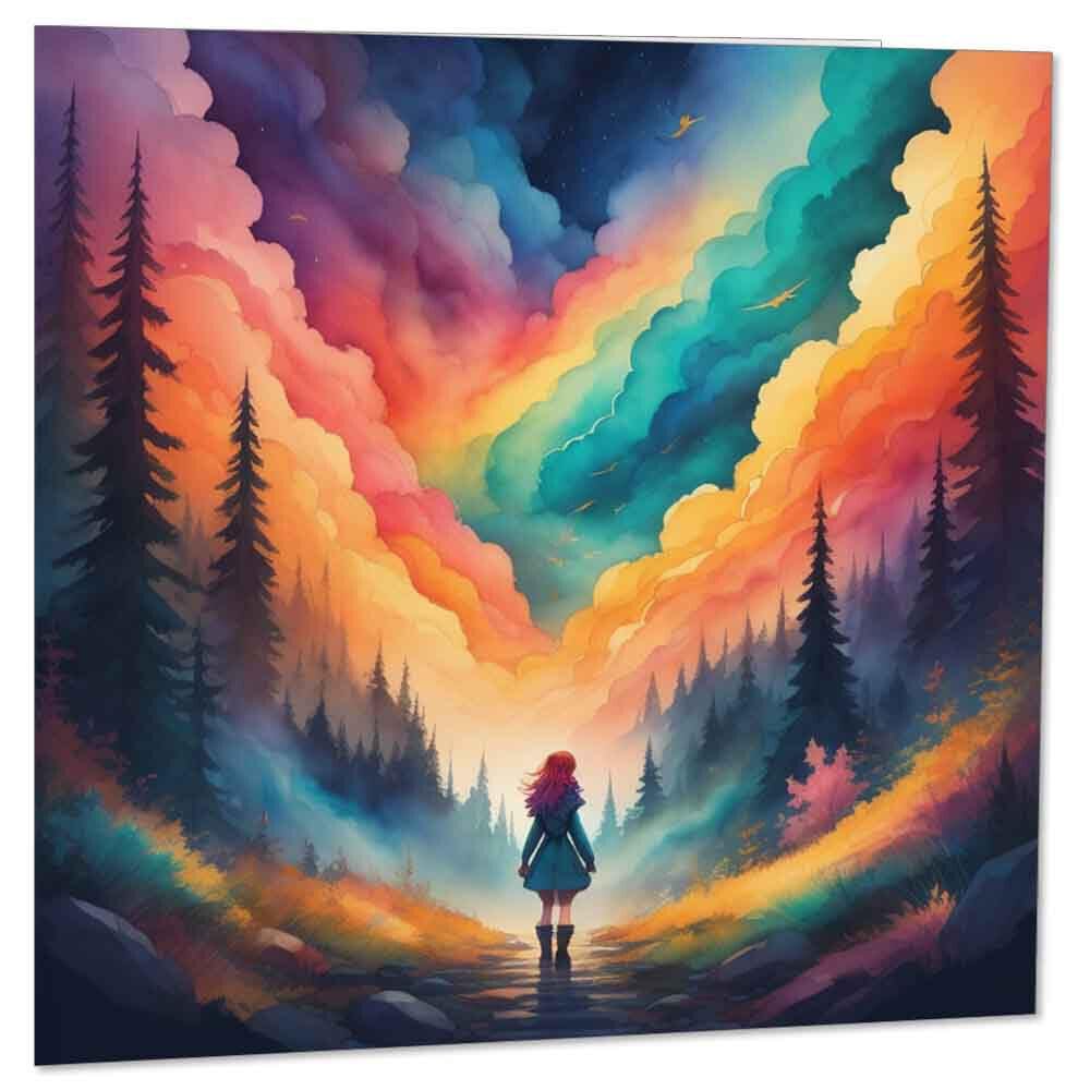 Girl In Rainbow Forest Greeting Card Beautiful art Woodland Rainbow 145 x 145mm - Purple Fox Gifts