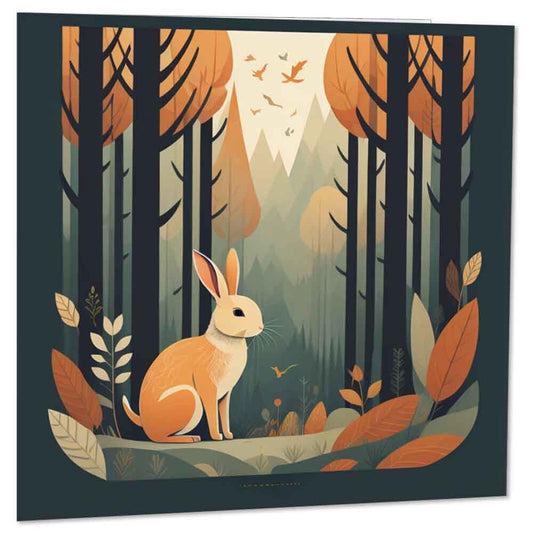 Rabbit in the Woods Greeting Card - Hare Bunny Forest Illustration 145 x 145mm - Purple Fox Gifts