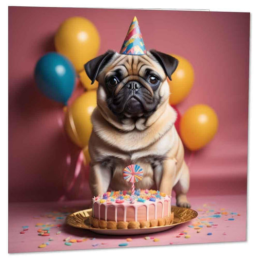 Pug Dog Birthday Card 145 x 145mm - Purple Fox Gifts