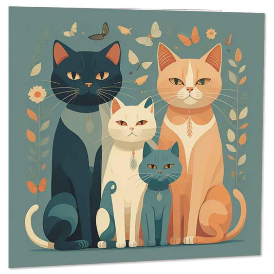 Cat Family Birthday Greeting Card - Cat Illustration Drawing 145 x 145mm - Purple Fox Gifts