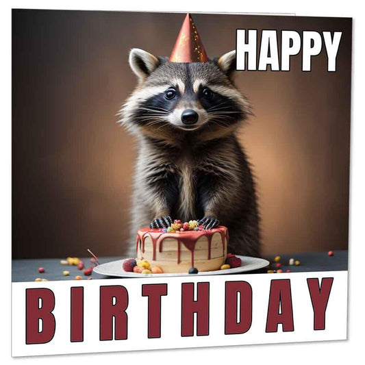 Raccoon Birthday Card - Cute Raccoon Happy Birthday Card & Envelope 145 x 145mm - Purple Fox Gifts