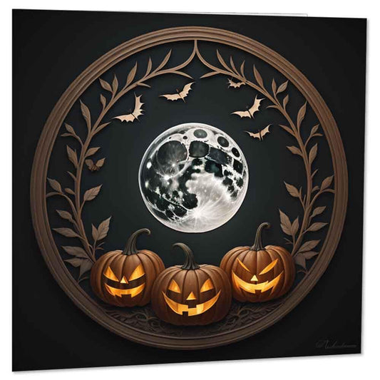 Moon Bats Pumpkins Card - Happy Halloween Cards 145 x 145mm - Purple Fox Gifts