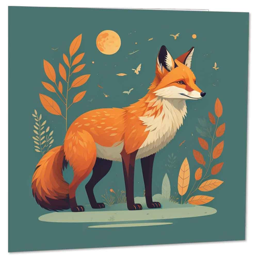 Fox Moon Greeting Card - Artistic Fox Drawing Birthday Card 145 x 145mm - Purple Fox Gifts