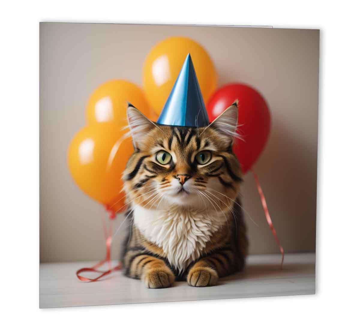 Cat Birthday Card Cute Cat Greeting Card for Cat Lovers Kitty 147mm x 147mm - Purple Fox Gifts