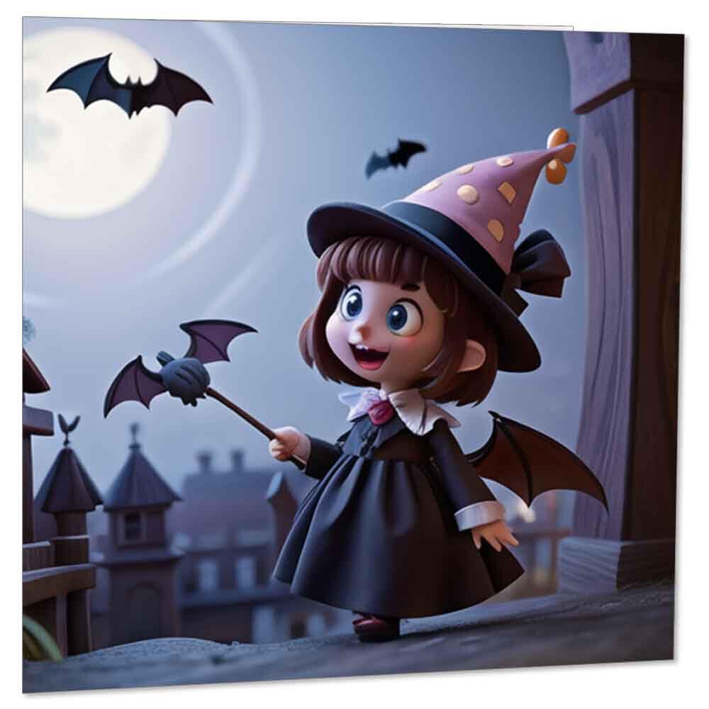 Kids Halloween Cards Cute Girl Bats Childrens Happy Halloween Card 145 x 145mm - Purple Fox Gifts