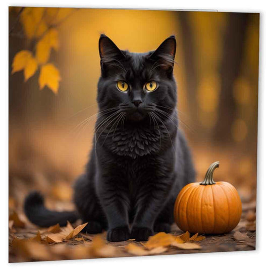 Black Cat Card Pumpkin Halloween Cards Autumn 145 x 145mm - Purple Fox Gifts