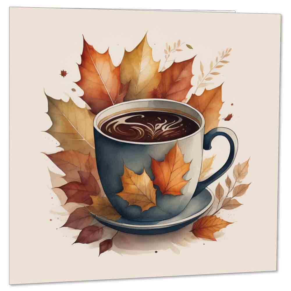 Autumn Greeting Card - Birthday Card Autumn Leaves & Coffee Cup 145 x 145mm - Purple Fox Gifts