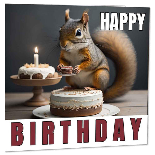 Squirrel Birthday Card - Cute Squirrel Happy Birthday Card 145 x 145mm - Purple Fox Gifts