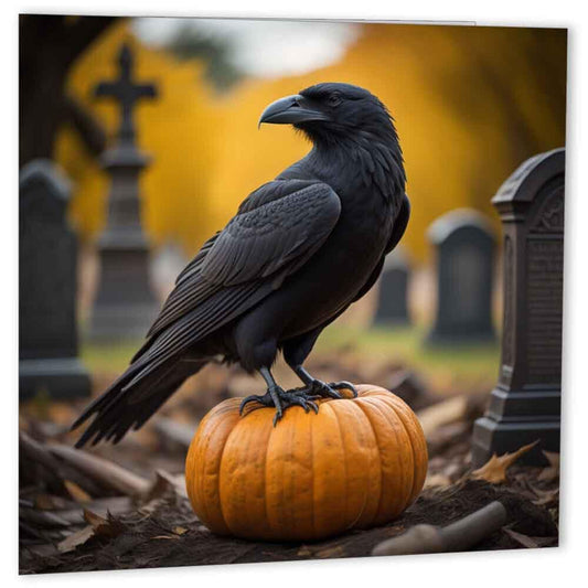 Raven Pumpkin Graveyard Greeting Card - Birthday Halloween Autumn 147 x 147mm - Purple Fox Gifts