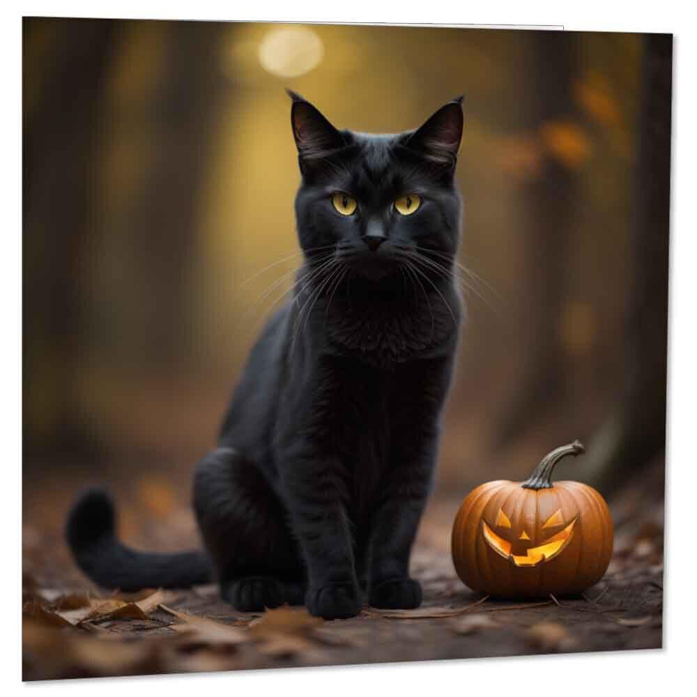 Black Cat Pumpkin Greeting Card Halloween 145 x 145mm - Purple Fox Gifts