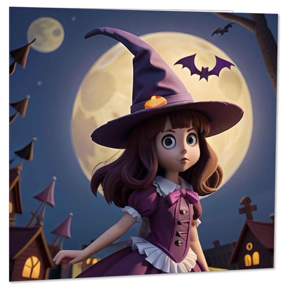 Cute Halloween Cards Witch Girl Bats Moon Happy Halloween Card 145 x 145mm - Purple Fox Gifts