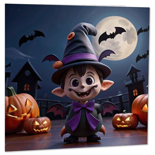 Kids Halloween Cards Cute Spooky Bats Pumpkins Happy Halloween Card 145 x 145mm - Purple Fox Gifts