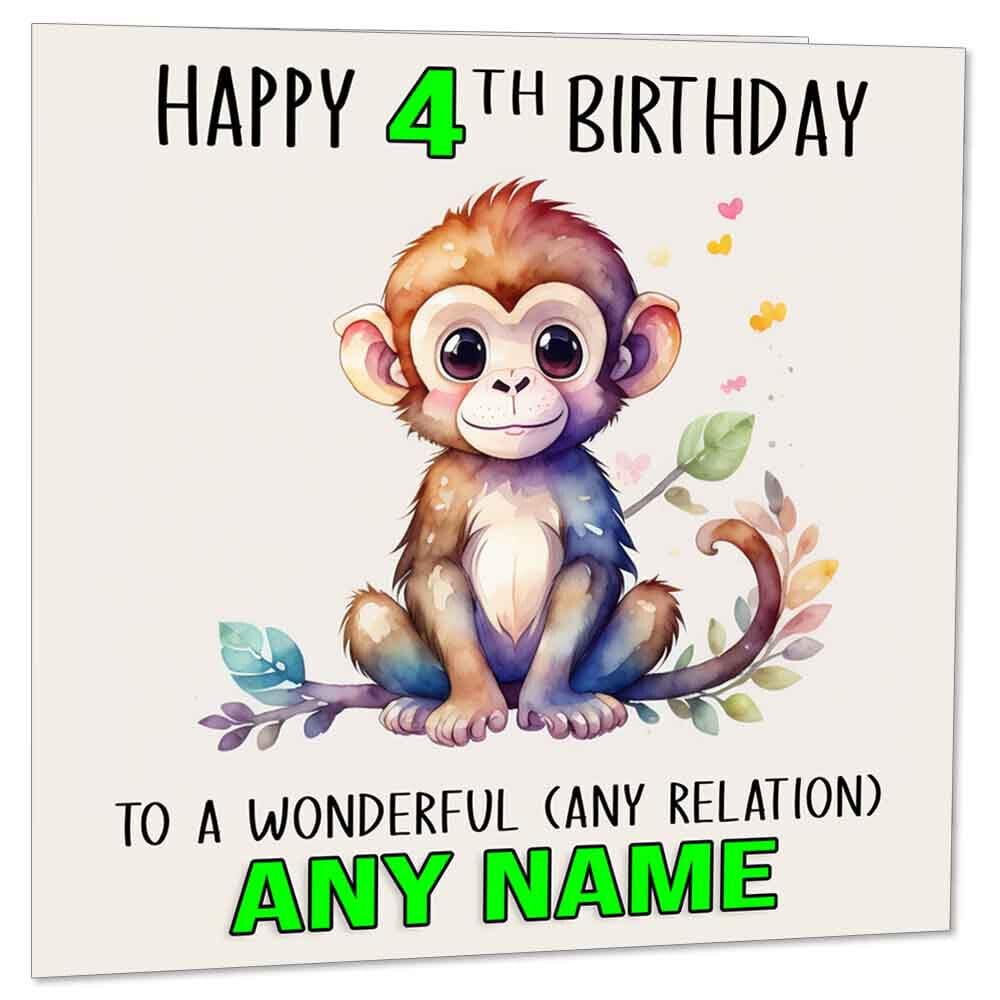 Kids Personalised Monkey Birthday Card - Any Age, Name & Relation 145 x 145mm - Purple Fox Gifts