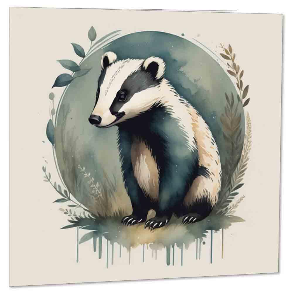 Badger Greeting Card - Watercolour Badger Birthday Card 145 x 145mm - Purple Fox Gifts