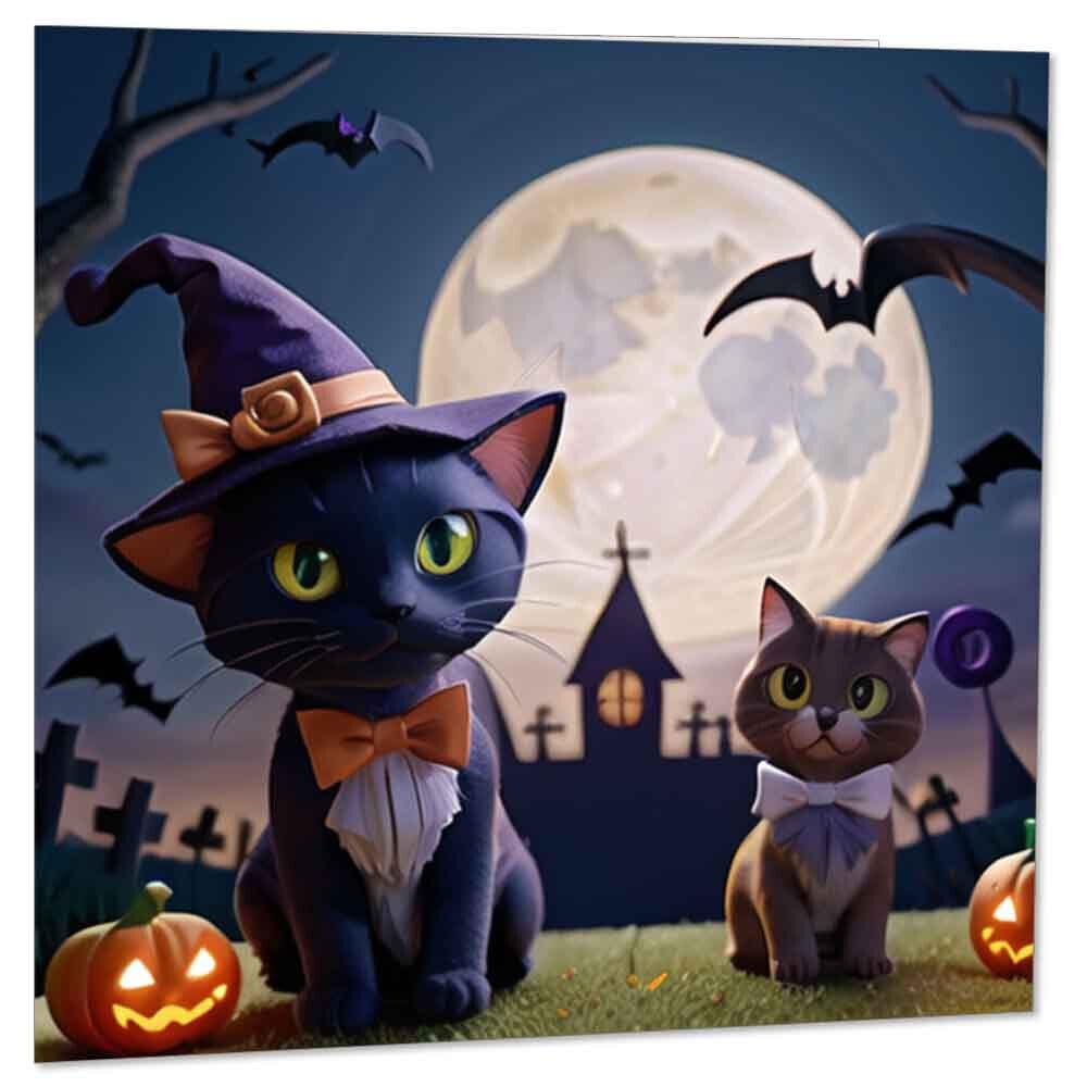 Happy Halloween Cards For Kids Cute Cats Moon Bats Pumpkins 145 x 145mm - Purple Fox Gifts