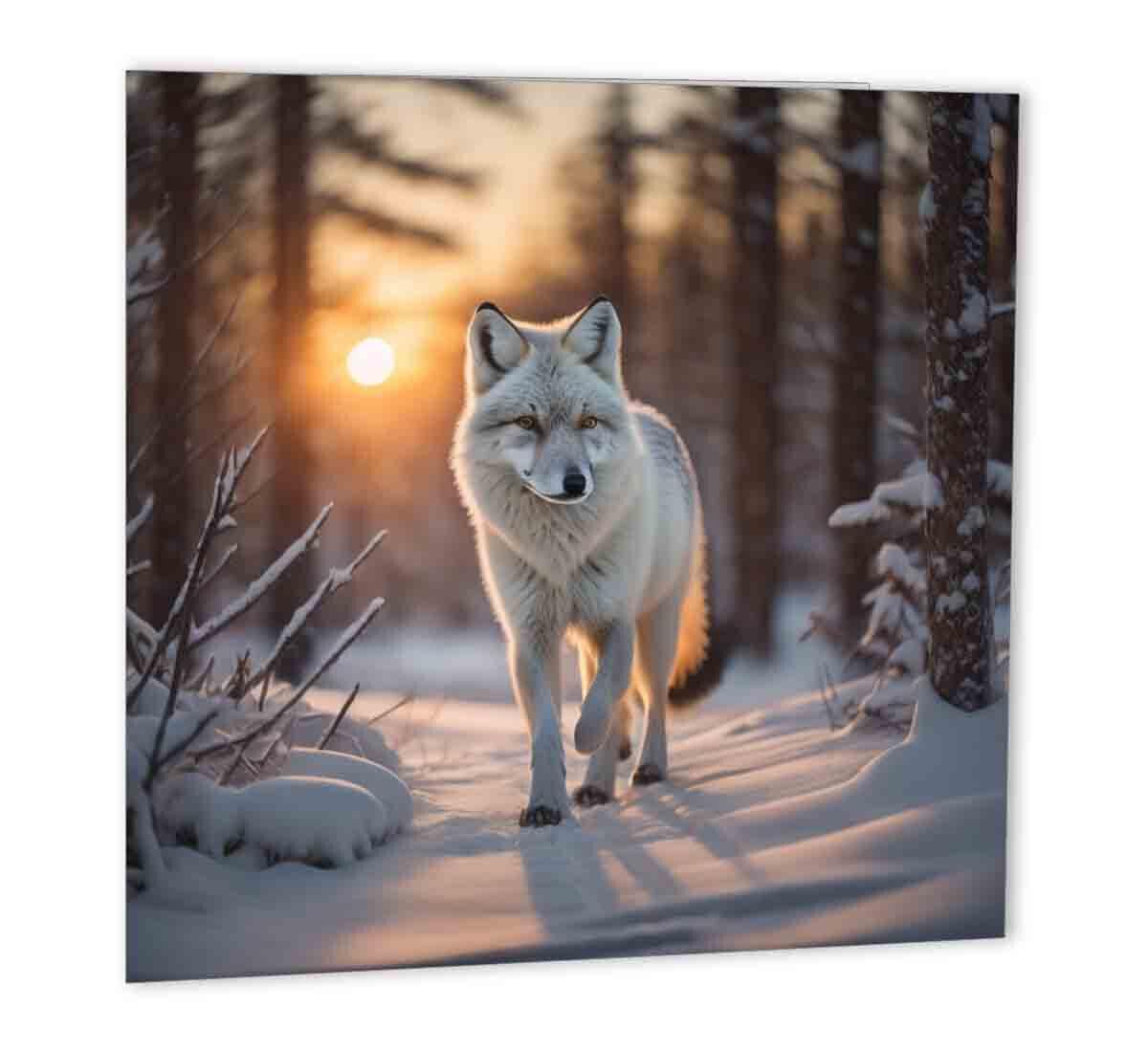 Wolf in Snowy Woods Greeting Card Wolves Birthday Card 147mm x 147mm - Purple Fox Gifts