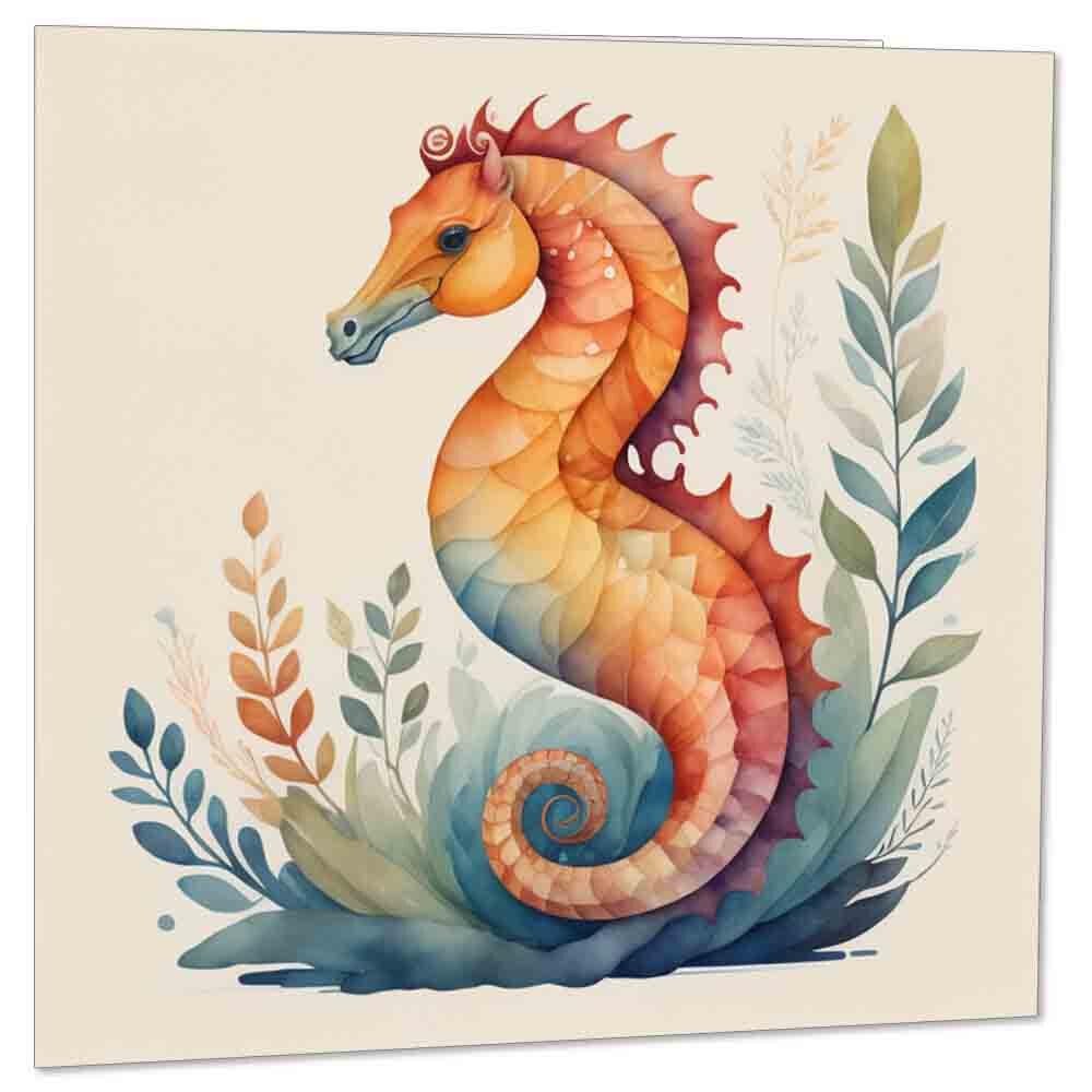 Seahorse Birthday Card Watercolour Sea Horse Greeting Card 145 x 145mm - Purple Fox Gifts