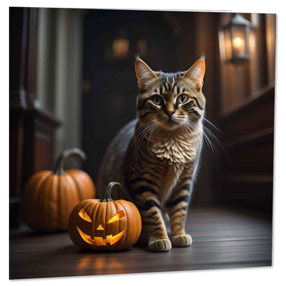 Halloween Card - Tabby Cat with Pumpkins - Autumn October Halloween 145 x 145mm - Purple Fox Gifts