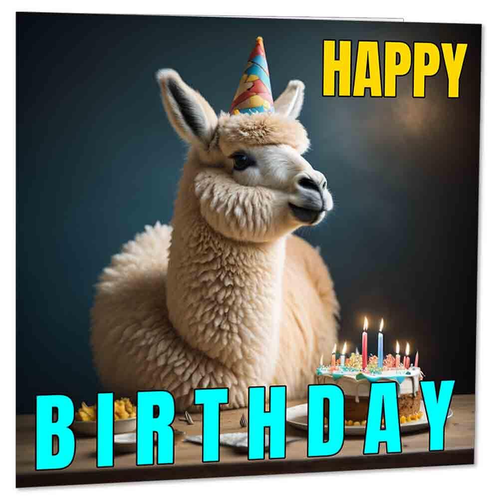 Llama Birthday Card - Llama in a party hat happy birthday card 145 x 145mm - Purple Fox Gifts