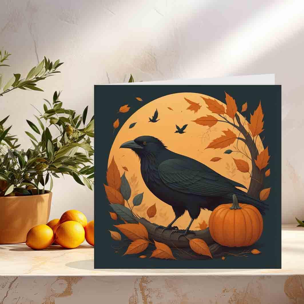 Raven Pumpkin Greeting Card Autumn 145 x 145mm - Purple Fox Gifts