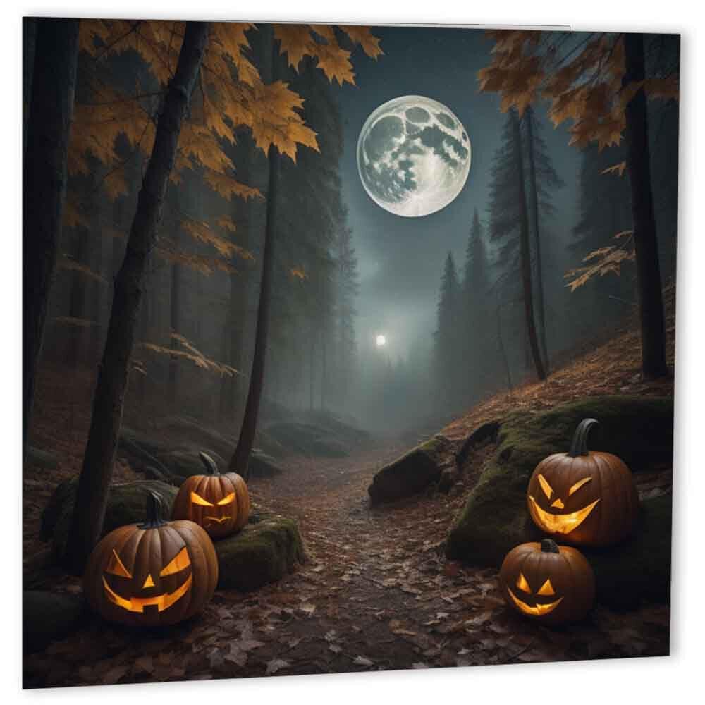 Happy Halloween Cards Pumpkin Forest Moon Spooky Woods 145 x 145mm - Purple Fox Gifts