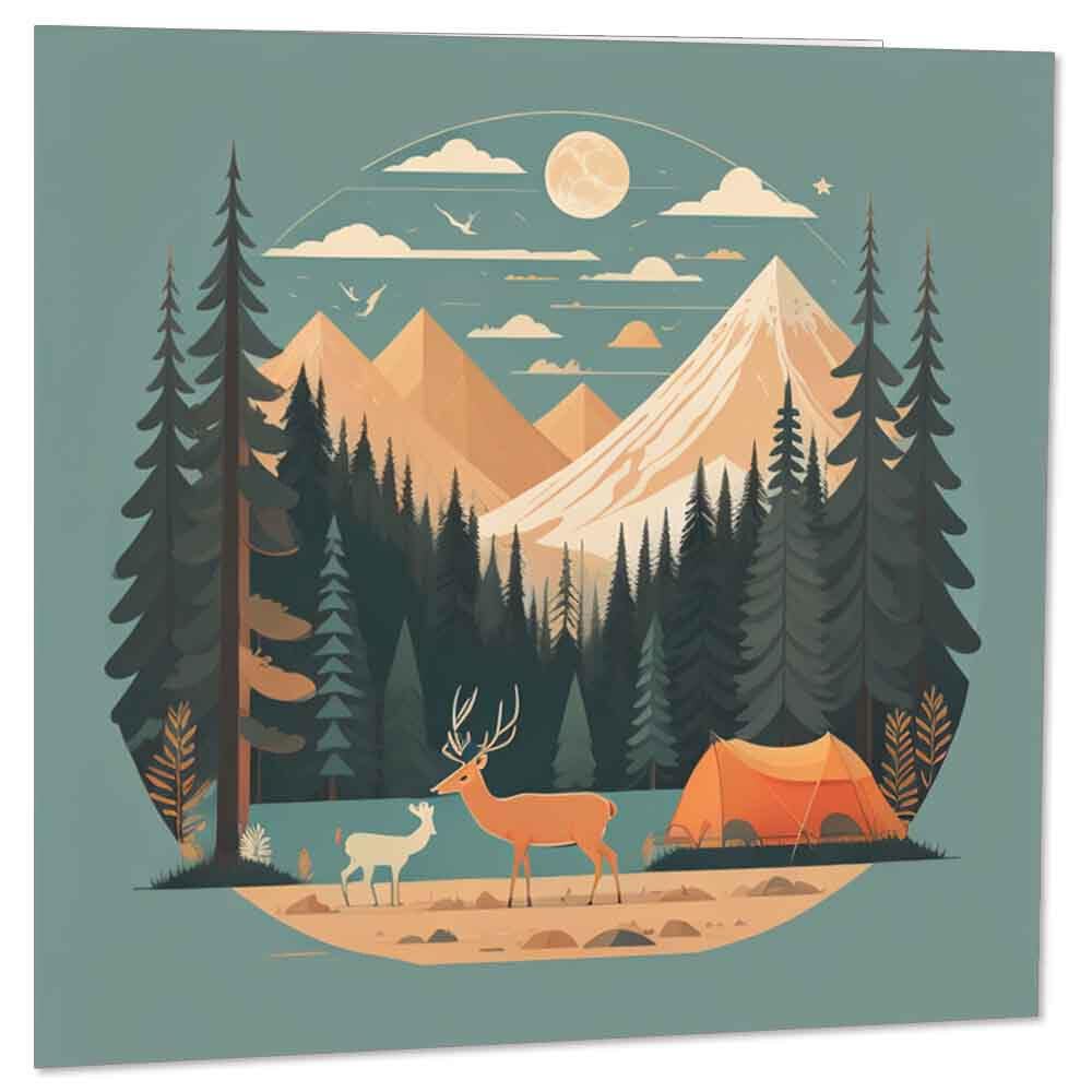 Mountains Nature Greeting Card - Campsite animals woodland forest 145 x 145mm - Purple Fox Gifts