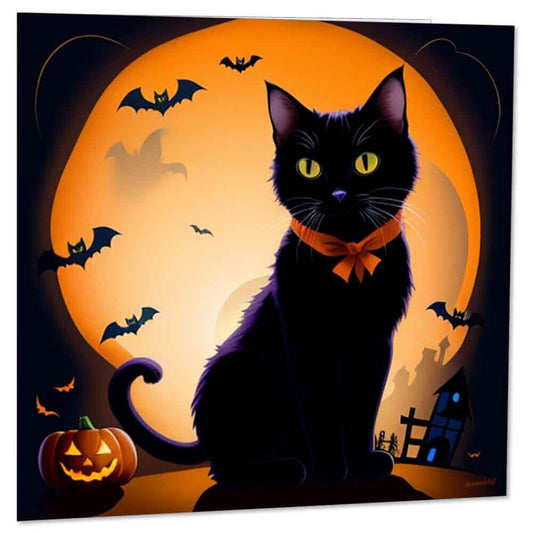 Halloween Black Cat Greeting Card Happy Halloween Spooky Moon Bats 145 x 145mm - Purple Fox Gifts